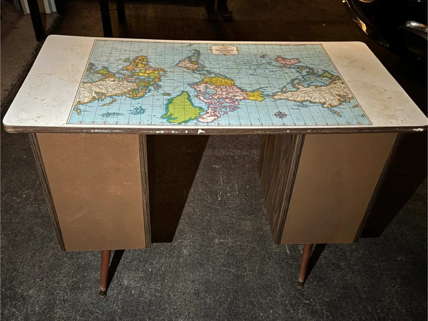 wooden World Map Desk with two cabinets and to drawers image indicator(3)