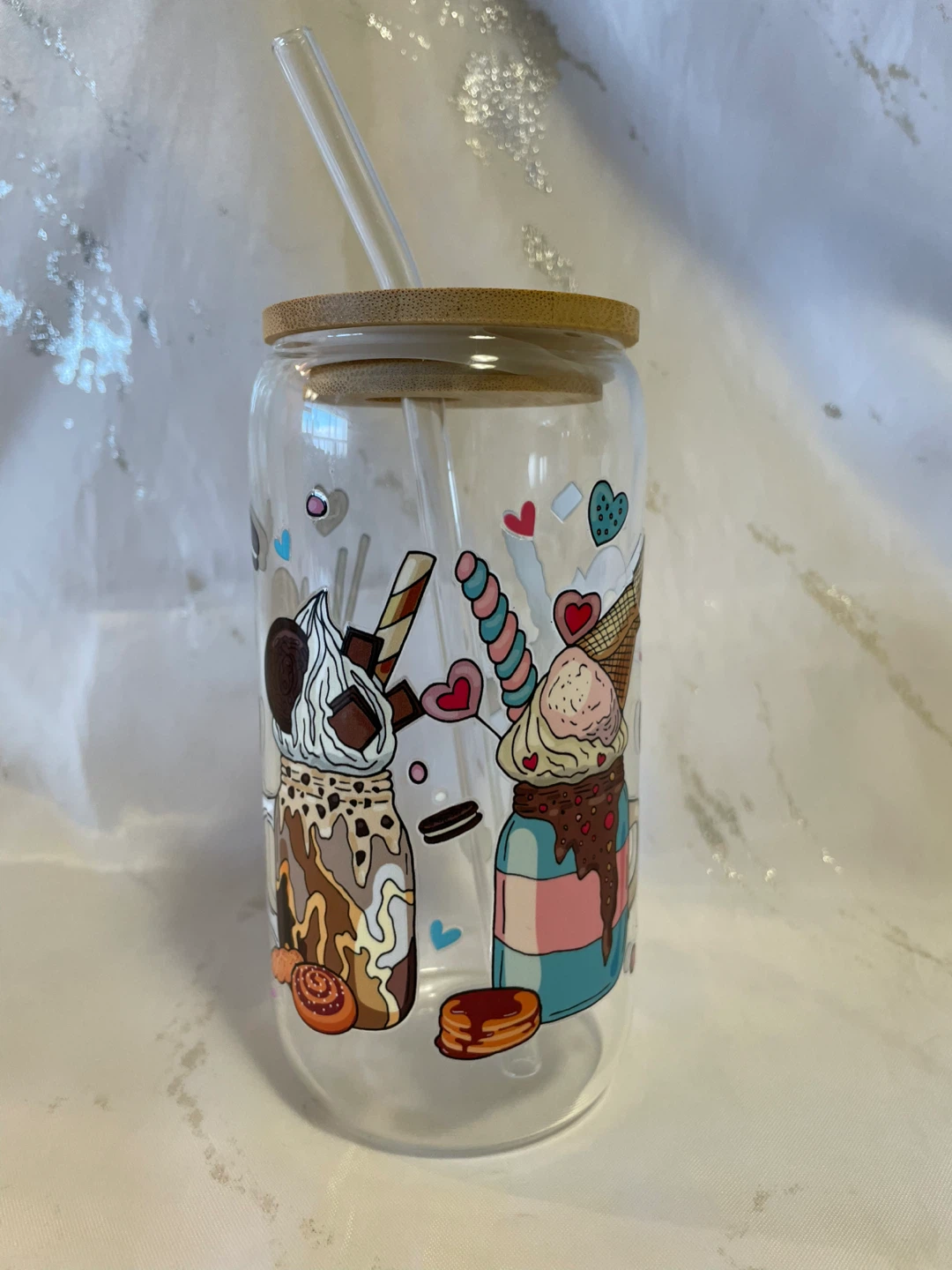 Glass Tumbler with a glass Straw & Bamboo Lid