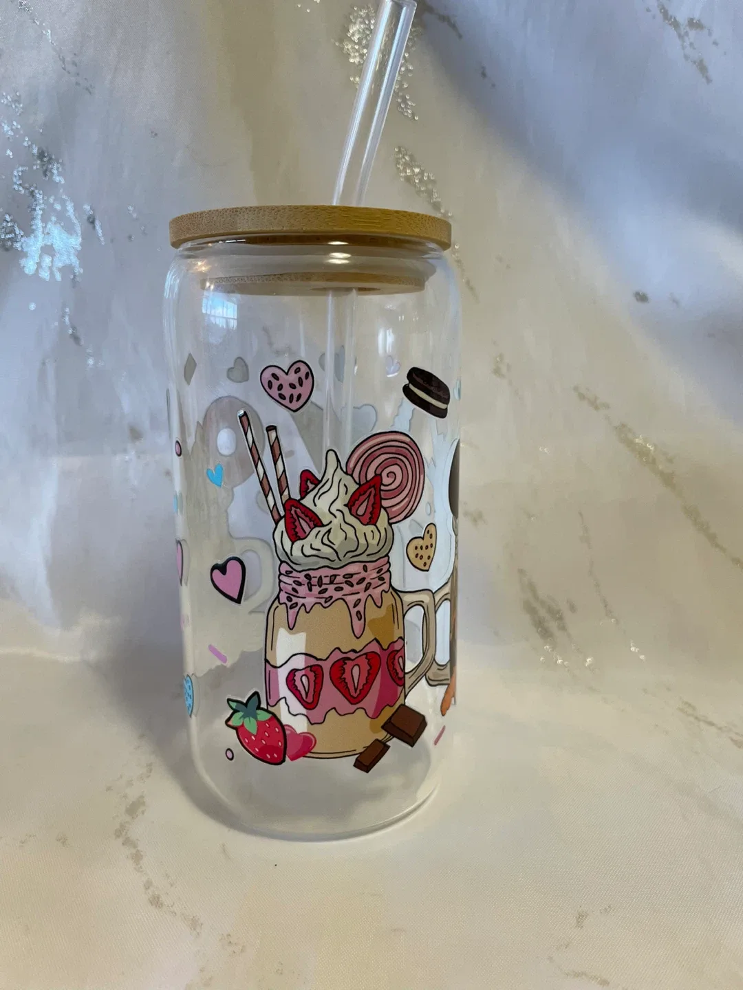 Glass Tumbler with Straw & Bamboo Lid image indicator(3)