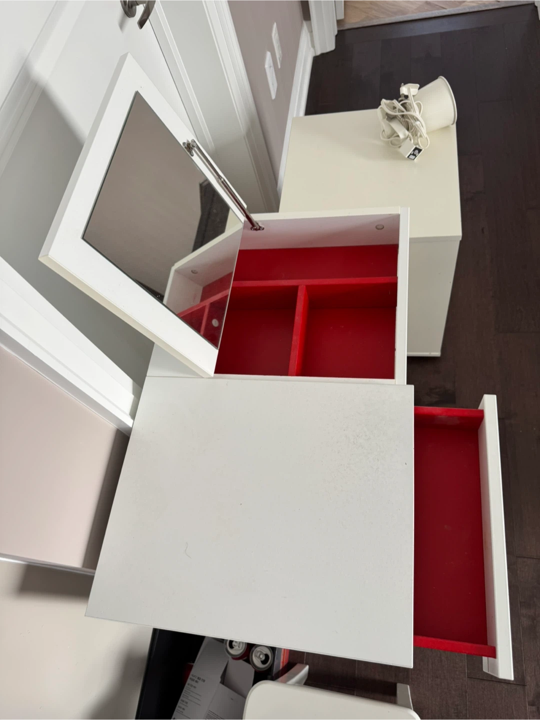 white vanity with chair and lamp - photo 2