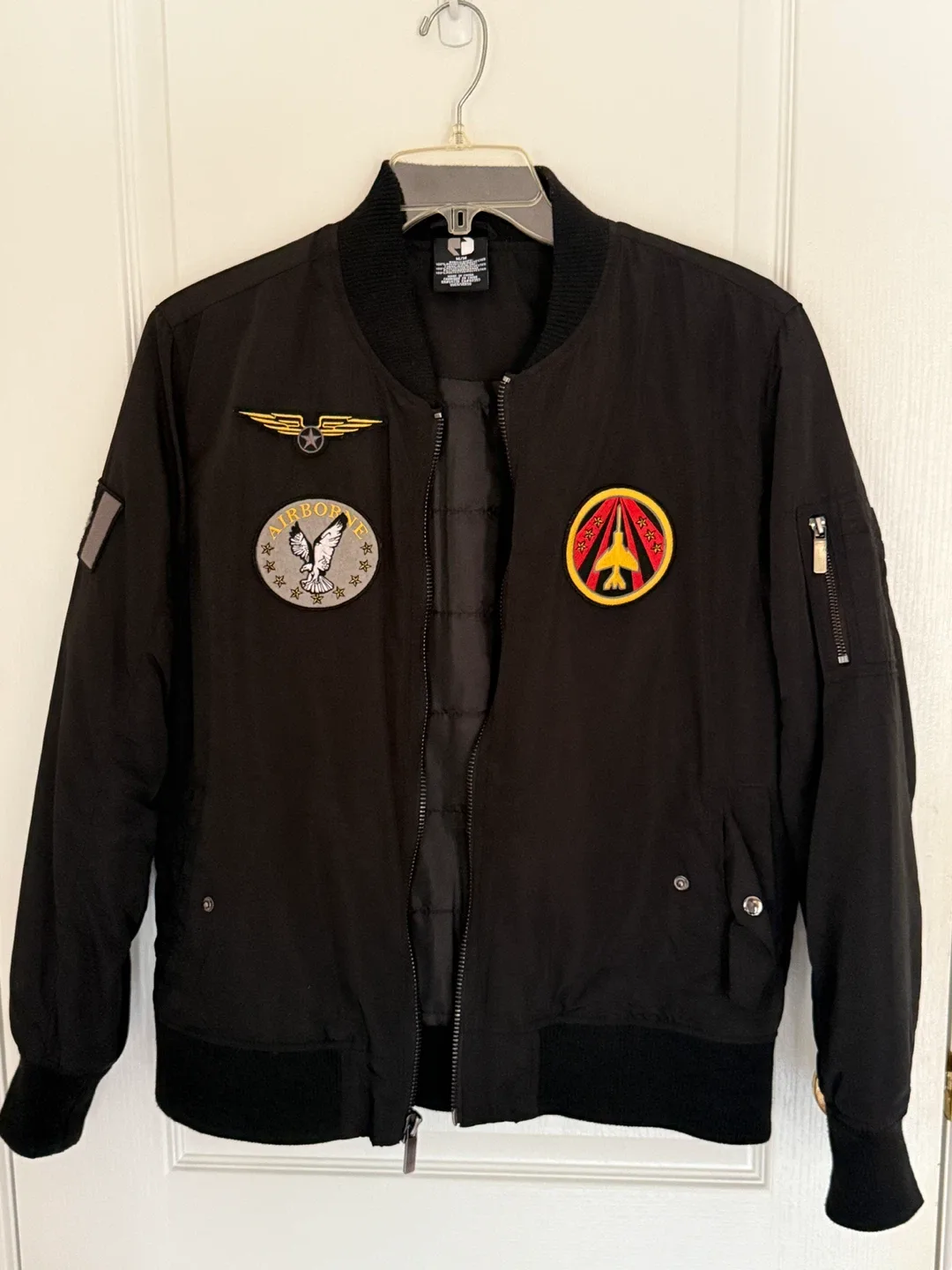 Men’s Black Bomber Jacket w/ Military Patches – Size M –
