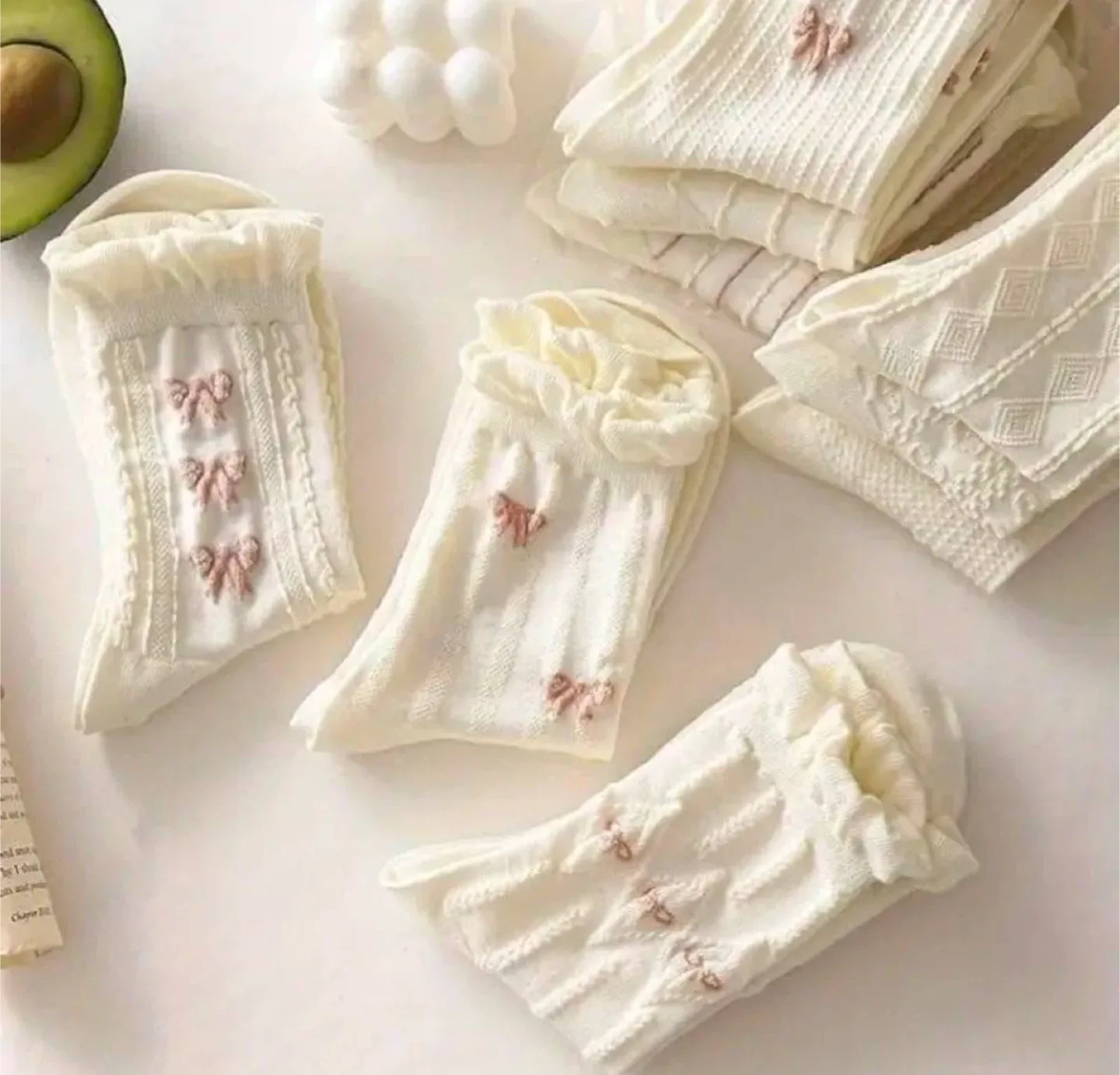 Cream Ruffled Bow Socks (Set of 9) image indicator(5)