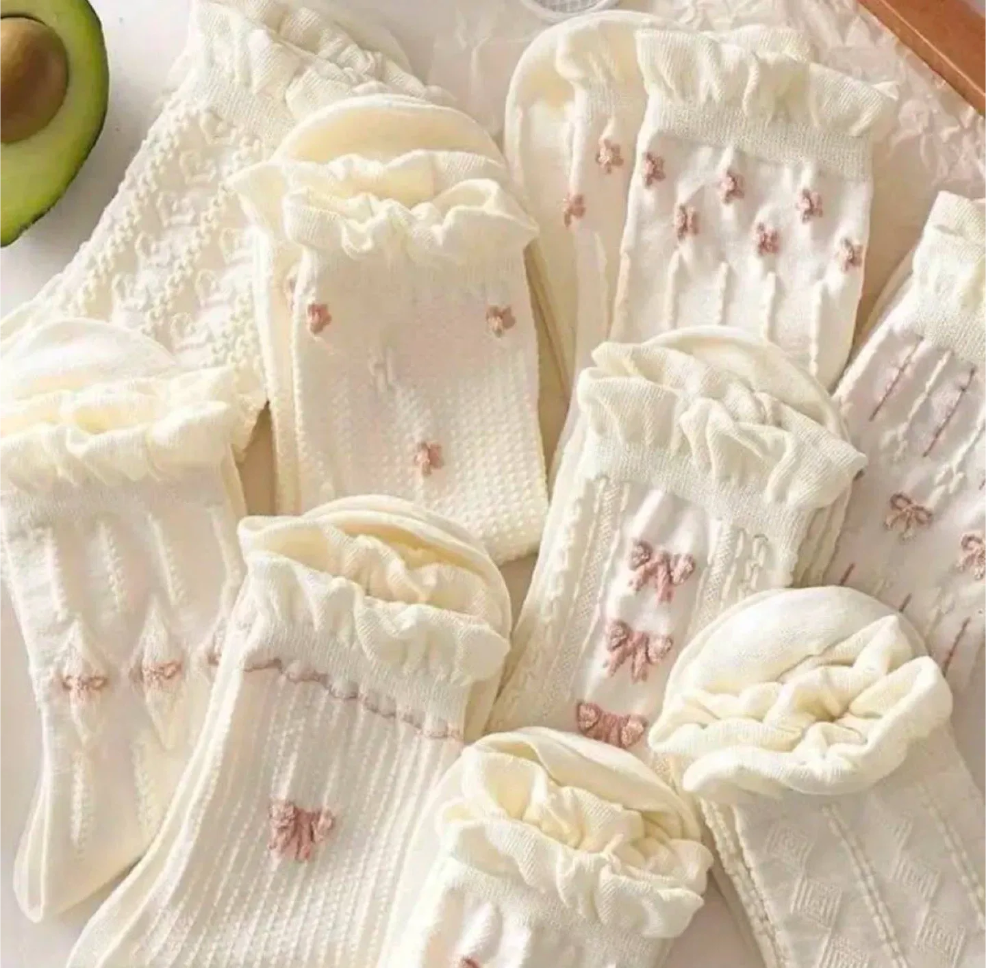 Cream Ruffled Bow Socks (Set of 9) image indicator(4)