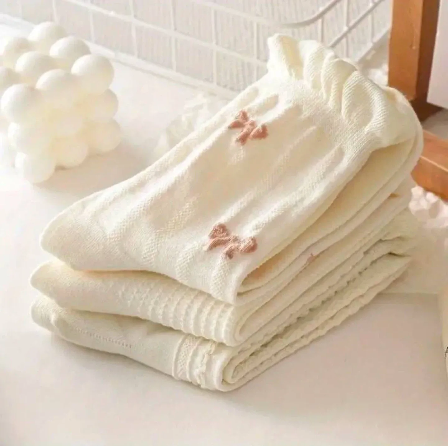 Cream Ruffled Bow Socks (Set of 9) image indicator(2)