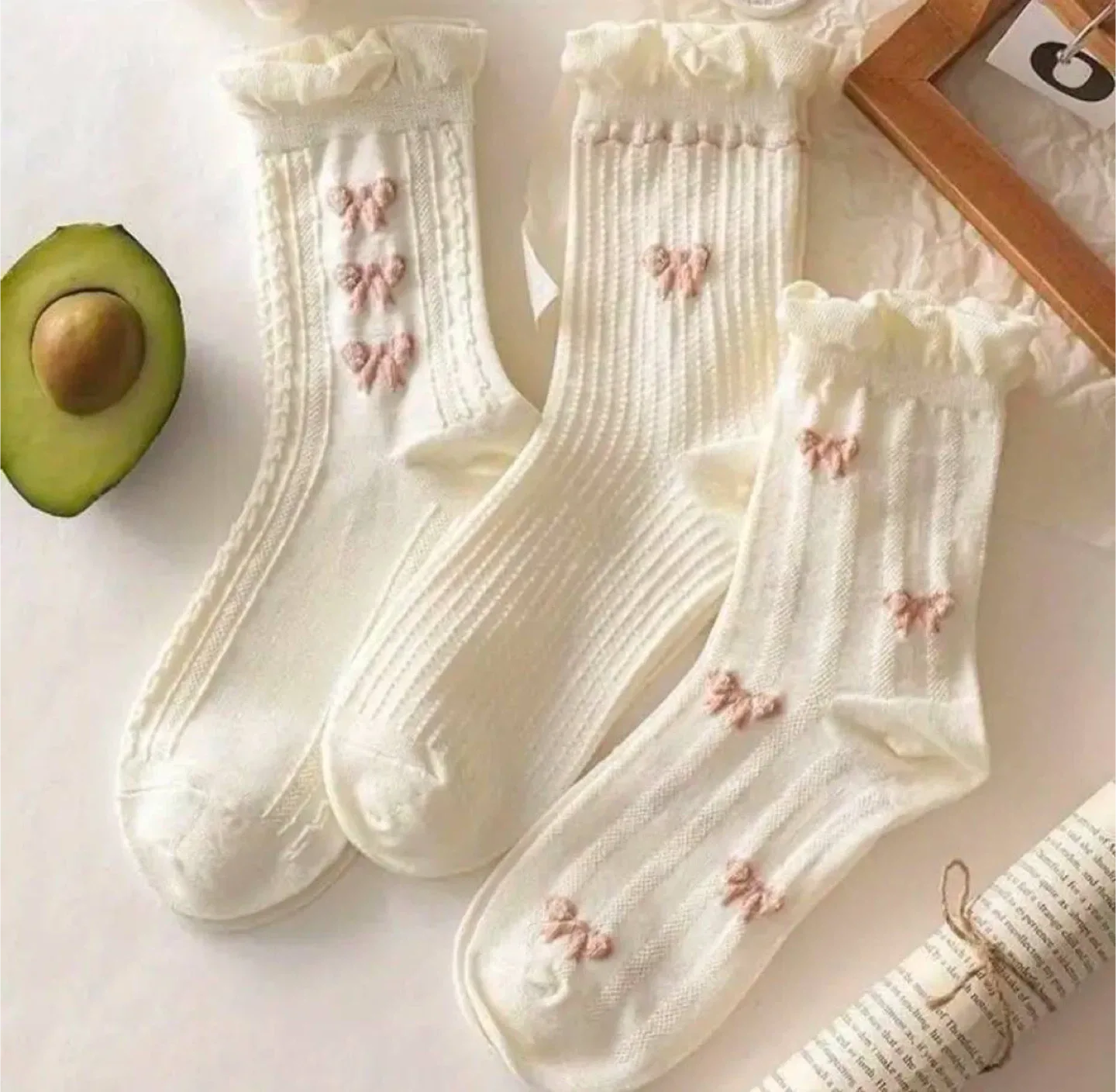 Cream Ruffled Bow Socks (Set of 9) image indicator(6)