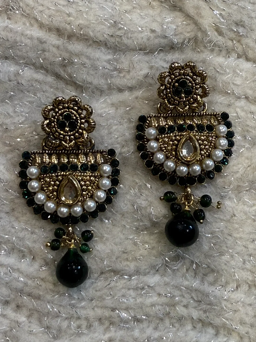 Emerald & Pearl Drop Earrings - Gold Tone