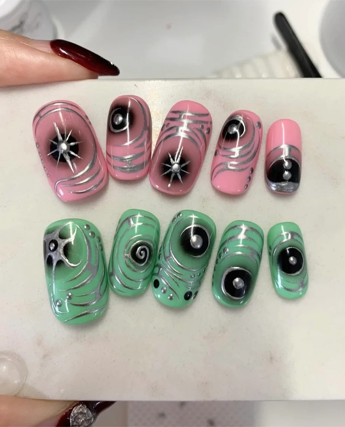 Press-on Nails - WICKED - Pink & Green Designs