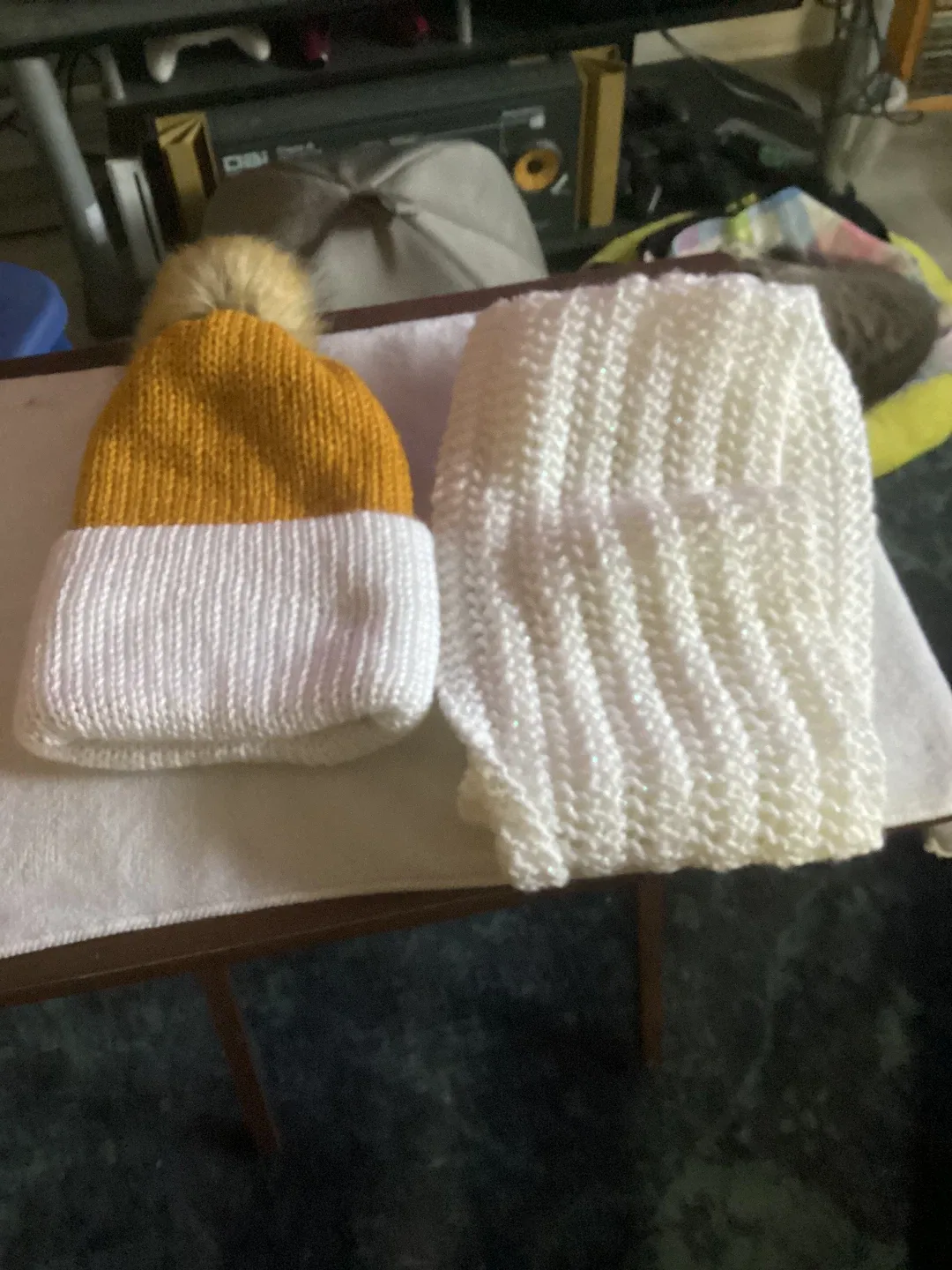 Handmade Knitted Toque & scarf - Mustard & White