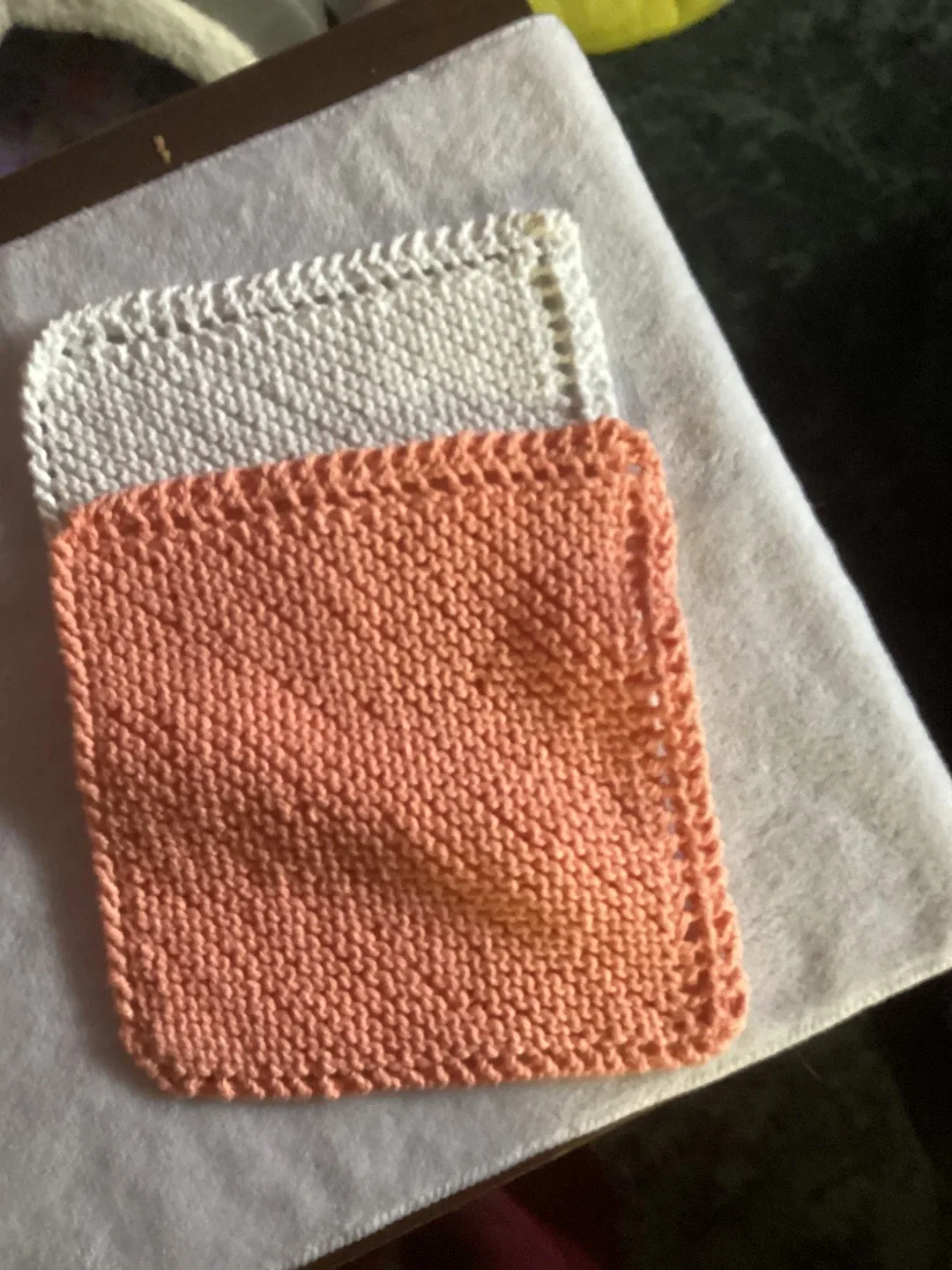 Hand-knitted Peach & White Washcloths