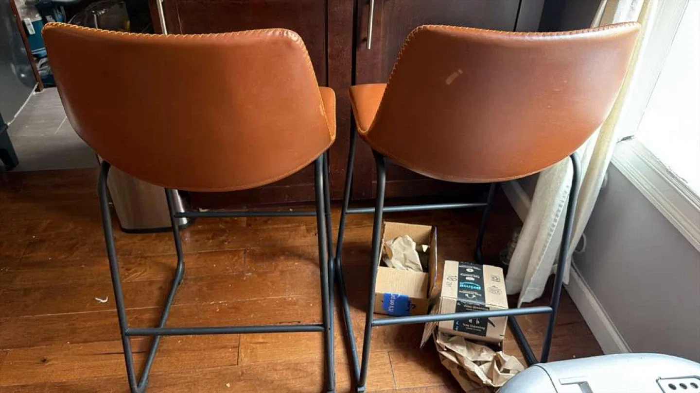 2 Brown Leather Bar Stools