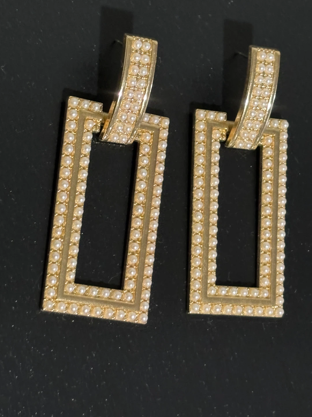 Gold Tone Pearl Rectangular Pierced Earrings 2 3/4” - photo 2