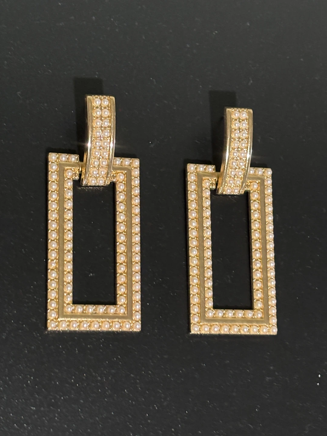 Gold Tone Pearl Rectangular Pierced Earrings 2 3/4”
