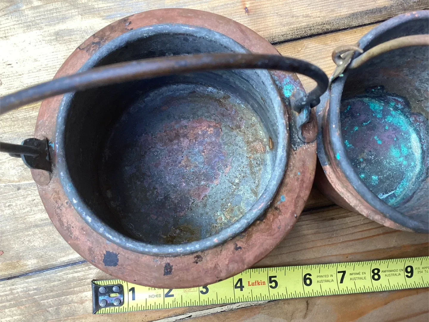 2 Very Rare Antique Solid Copper Glue Pot & Companion Bain-Marie image indicator(6)