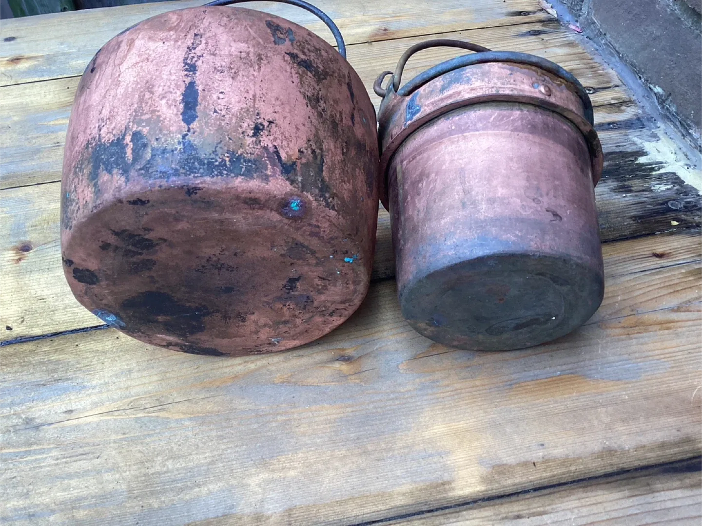 2 Very Rare Antique Solid Copper Glue Pot & Companion Bain-Marie image indicator(7)