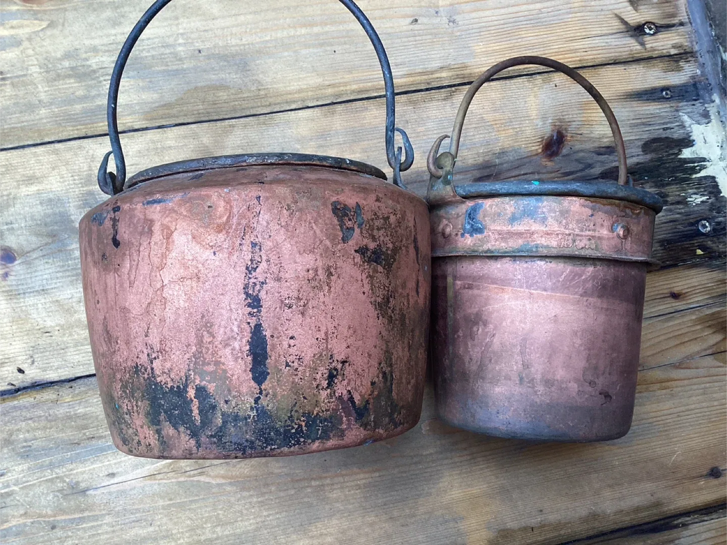 2 Very Rare Antique Solid Copper Glue Pot & Companion Bain-Marie image indicator(8)
