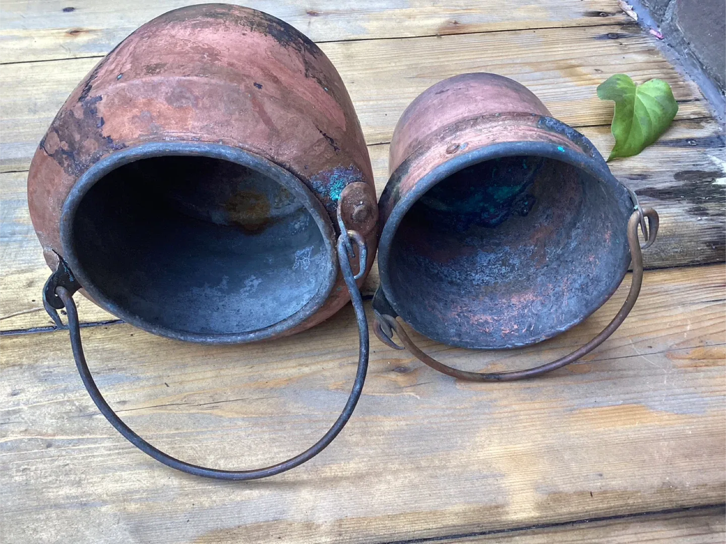 2 Very Rare Antique Solid Copper Glue Pot & Companion Bain-Marie image indicator(10)
