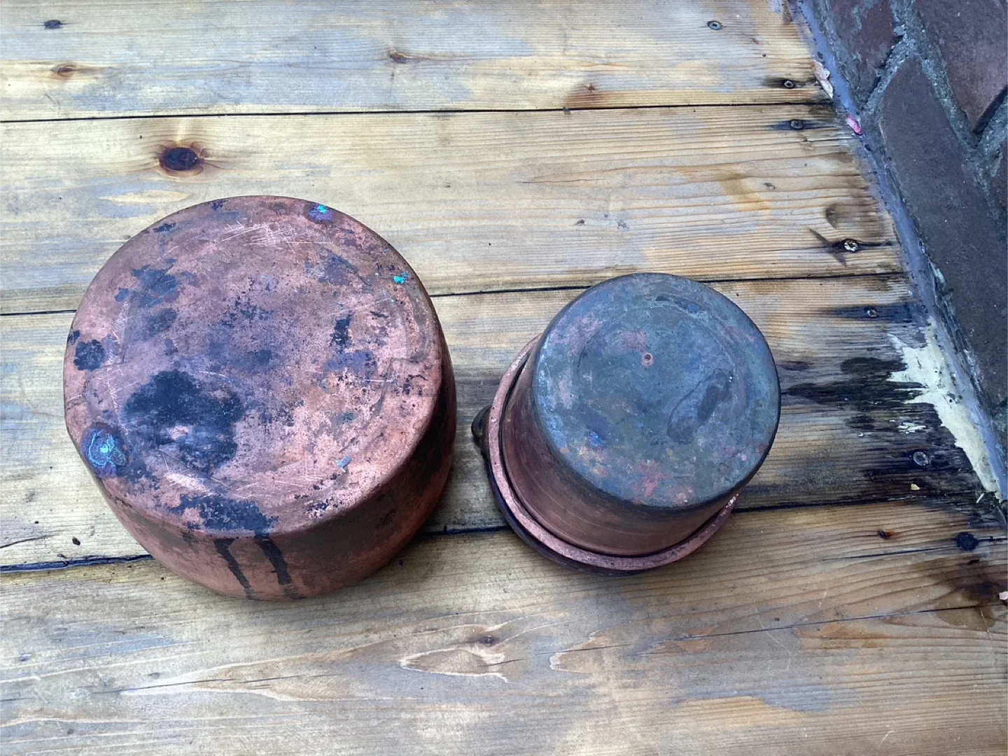 2 Very Rare Antique Solid Copper Glue Pot & Companion Bain-Marie image indicator(9)
