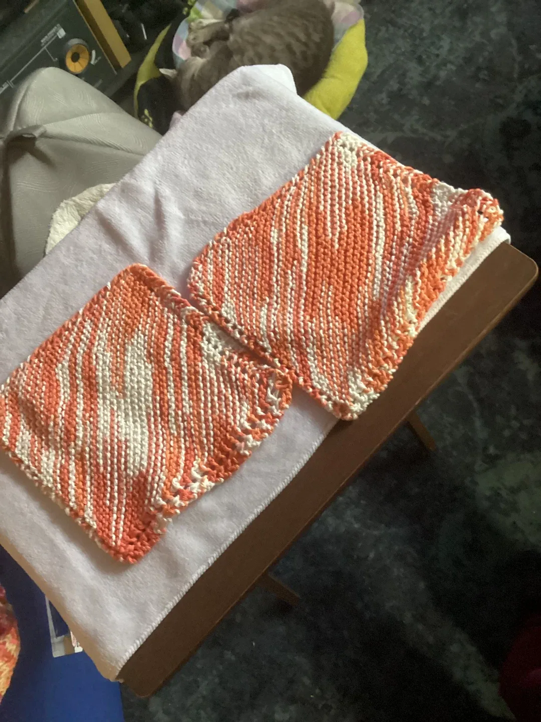 Handmade Orange&White Knitted Dishcloths/hotpot coastersSet of 2