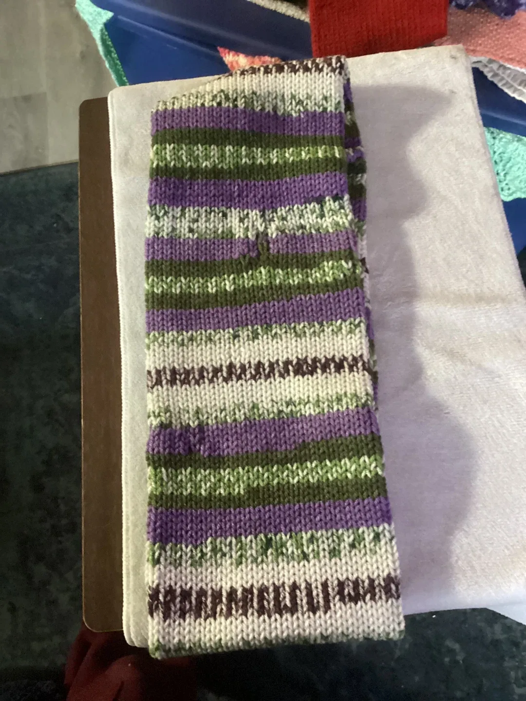 Handmade Knitted Scarf - Purple, Green, White