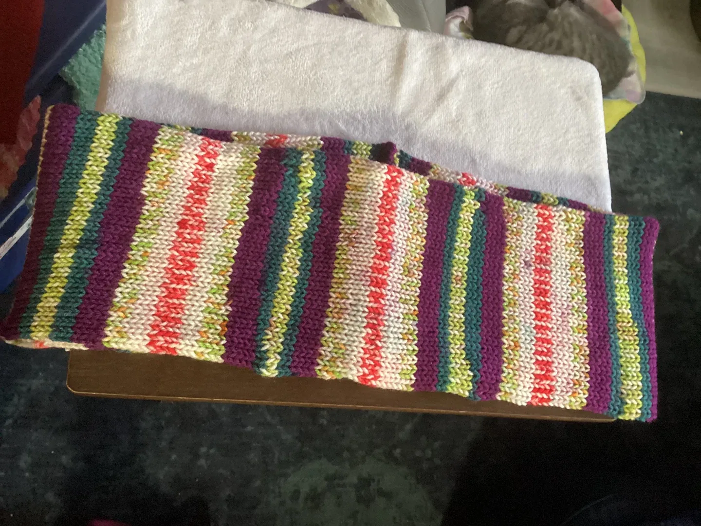 Hand Knitted Striped Scarf - Purple, Green, Orange