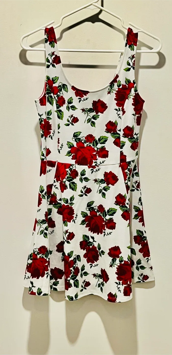 H&M White Dress with Red Roses Size 8