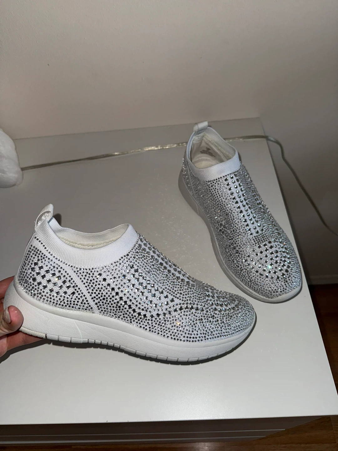 Carin White Jeweled Slip-On Sneakers - Size 7