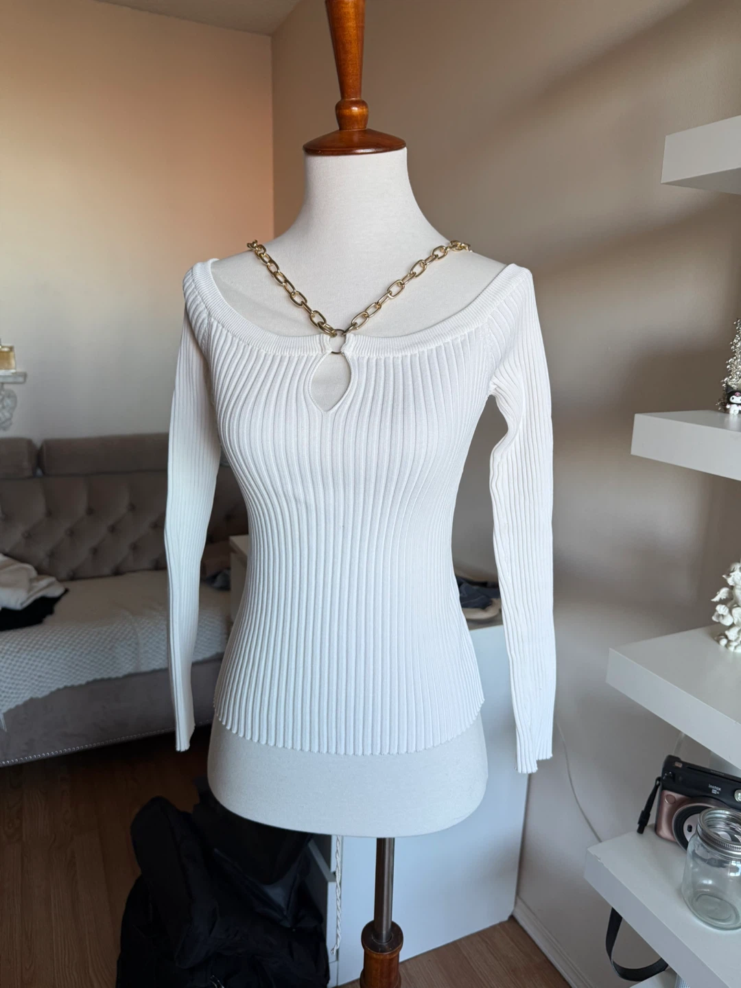Moon River White Ribbed Knit Top - Size S