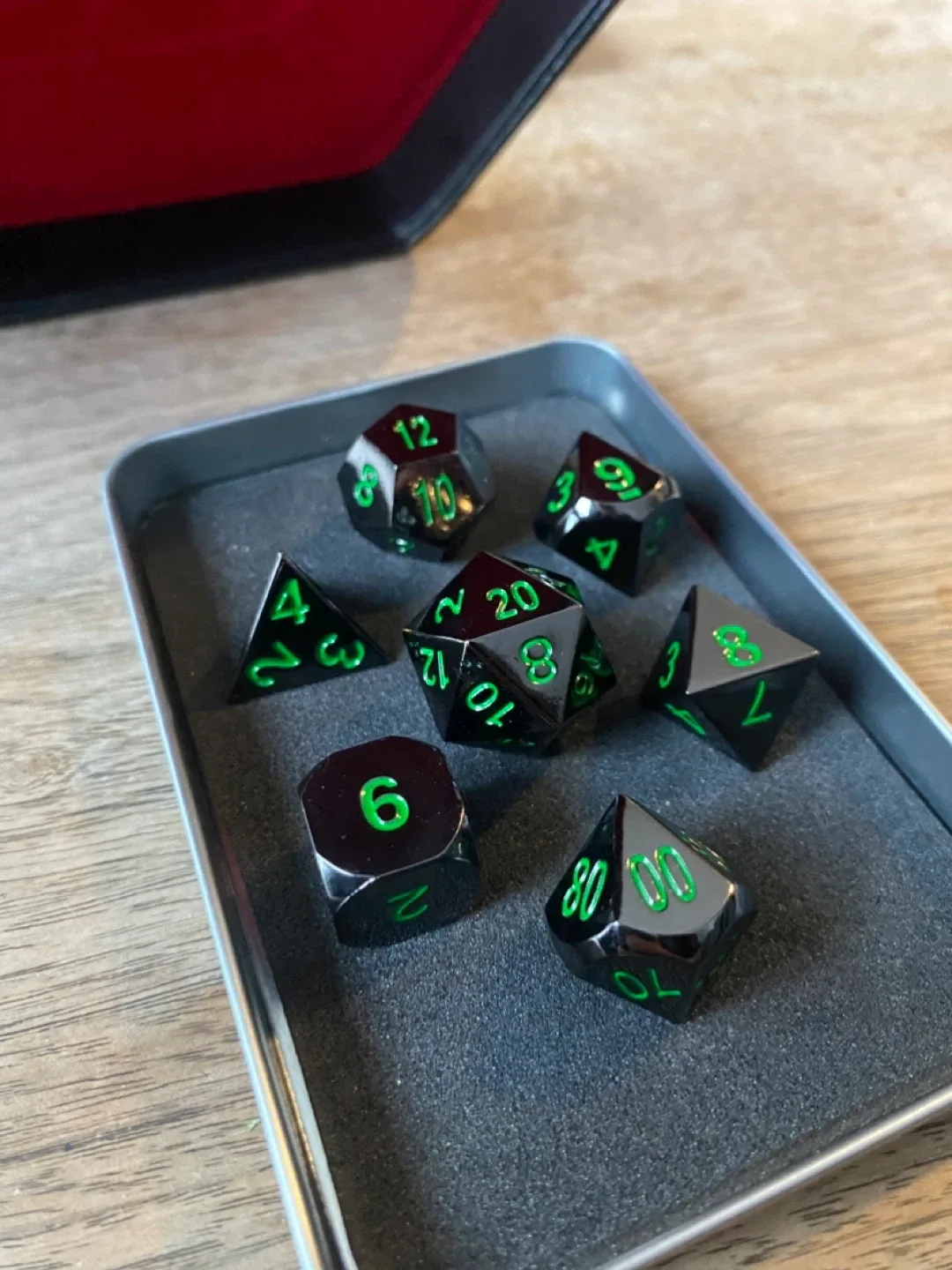 D&D Dice Set - Solid Black Metal with Green Numbers image indicator(2)