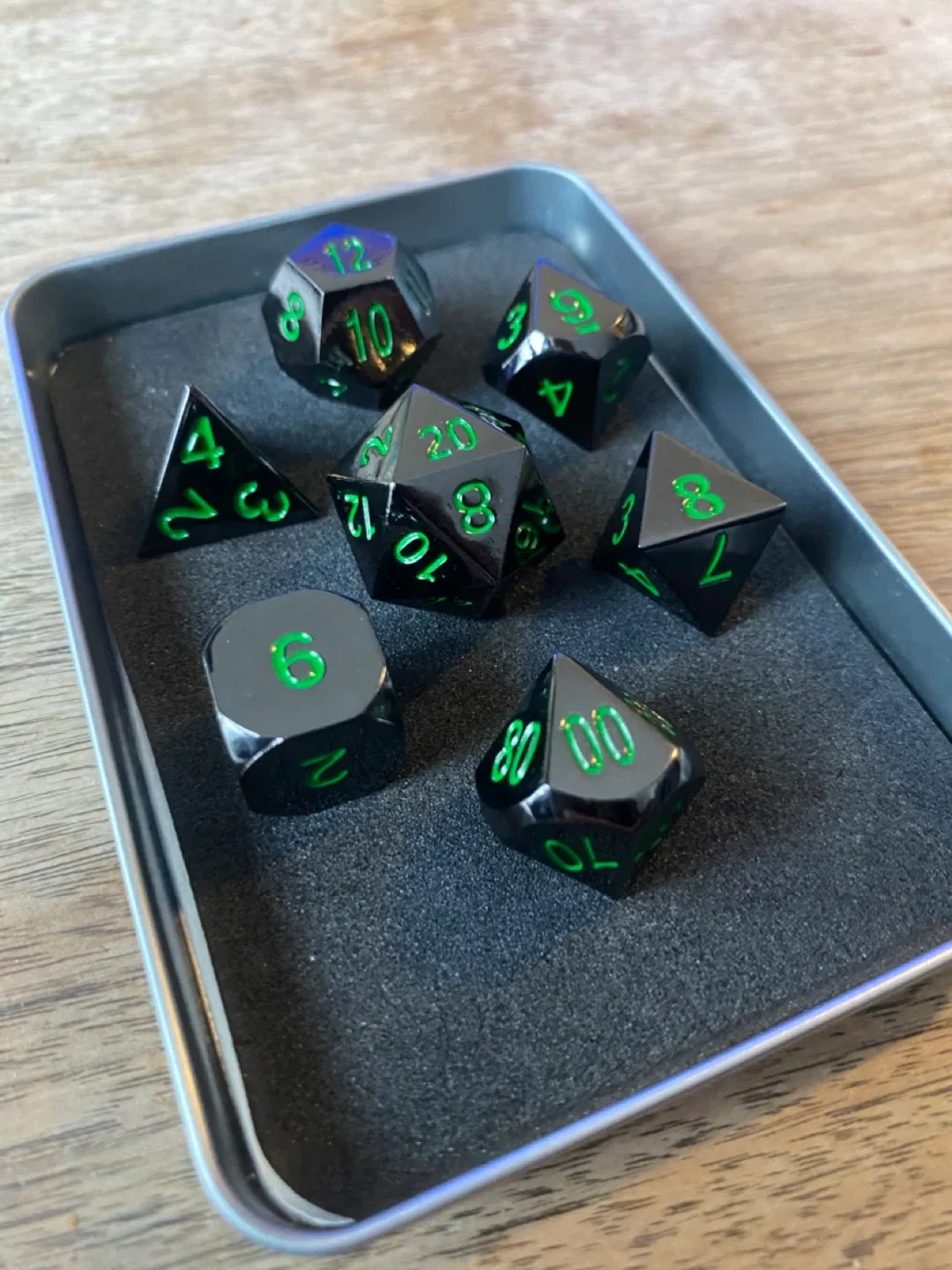 D&D Dice Set - Solid Black Metal with Green Numbers image indicator(3)