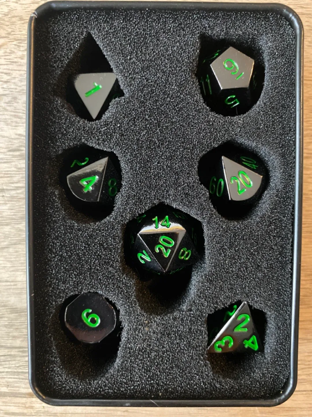 D&D Dice Set - Solid Black Metal with Green Numbers image indicator(4)