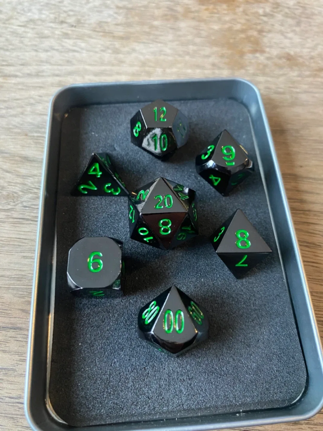 D&D Dice Set - Solid Black Metal with Green Numbers