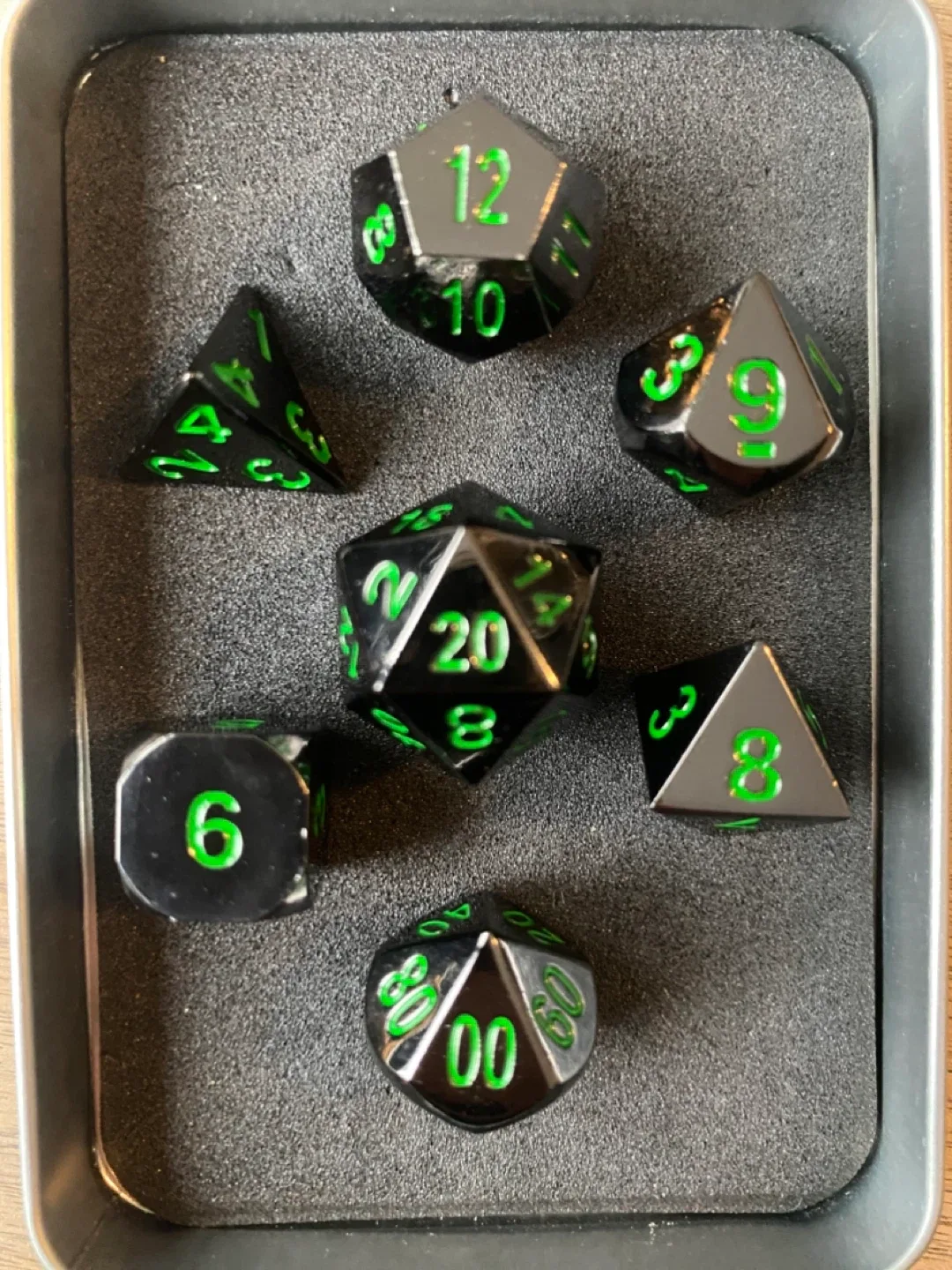 D&D Dice Set - Solid Black Metal with Green Numbers image indicator(7)