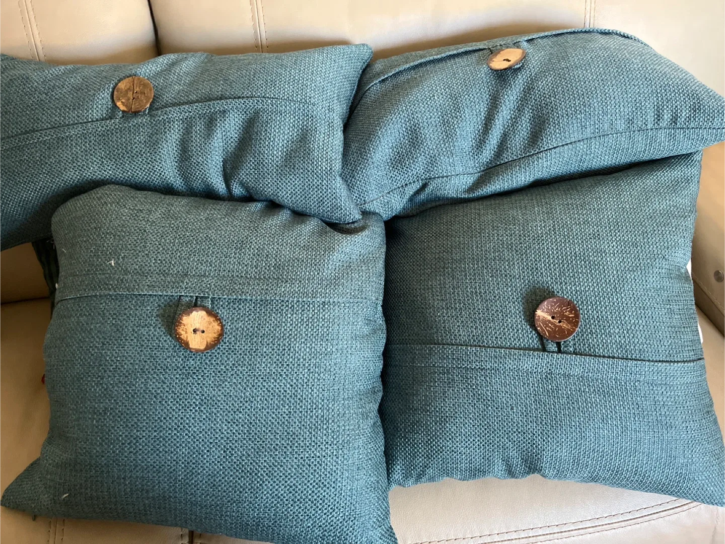 Teal Throw Pillows with Wooden Button (Set of 4)