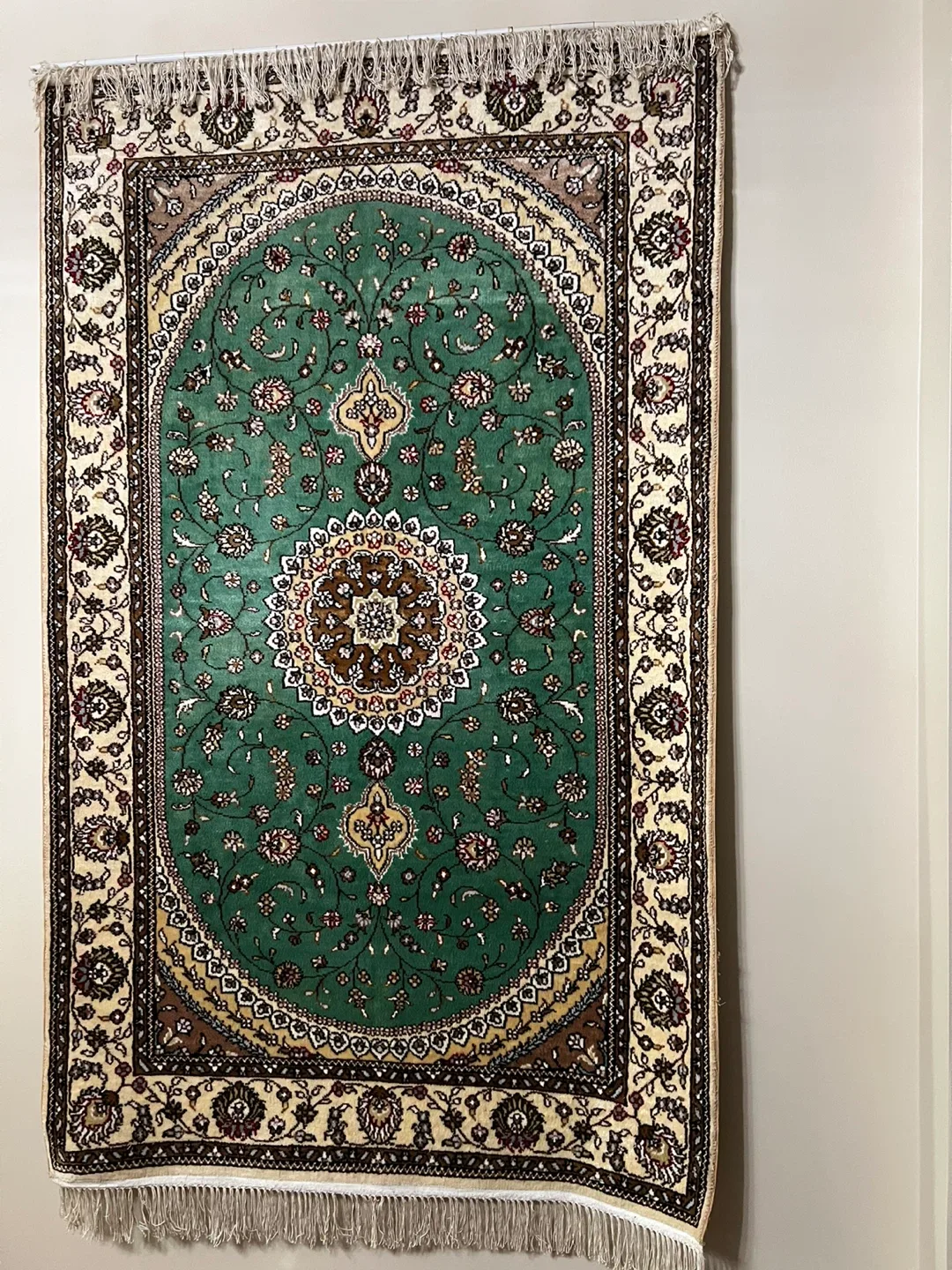 Hand made Afghan Green Floral Rug silky and wool