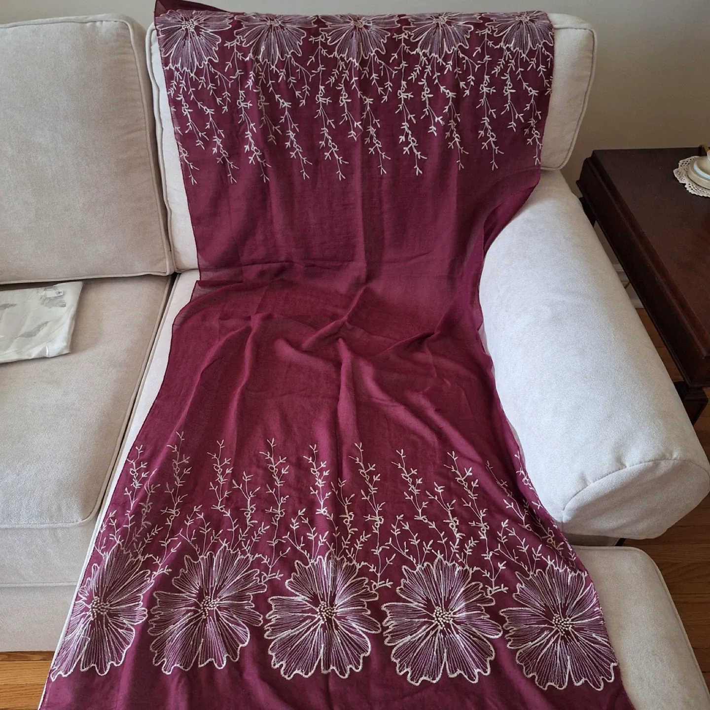 Burgundy Floral Embroidered Scarf image indicator(5)