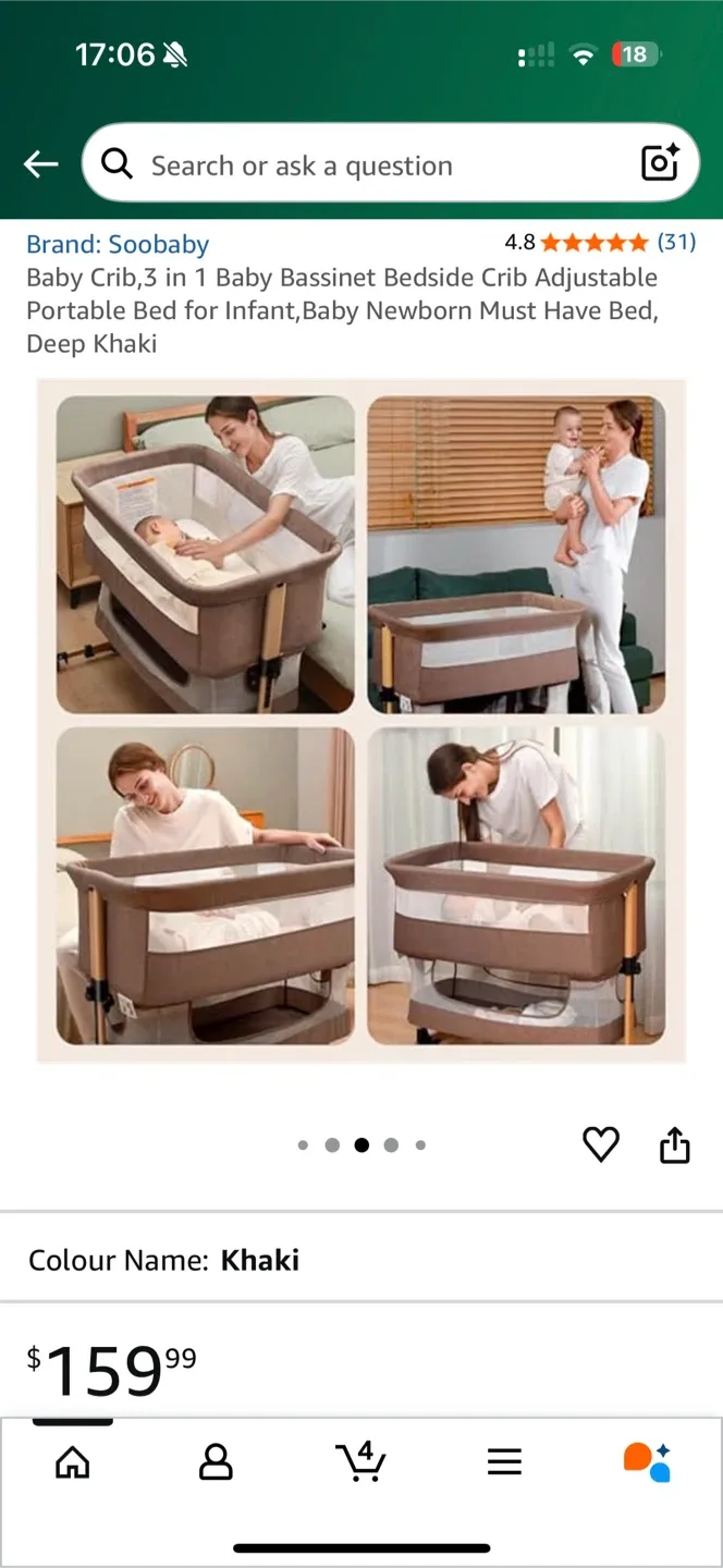 Soobaby 3-in-1 Bassinet Bedside Crib - Khaki image indicator(5)