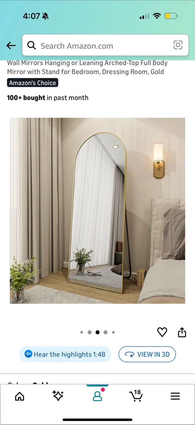 Arched-Top Full Body Mirror, Gold, 24x65 Inch