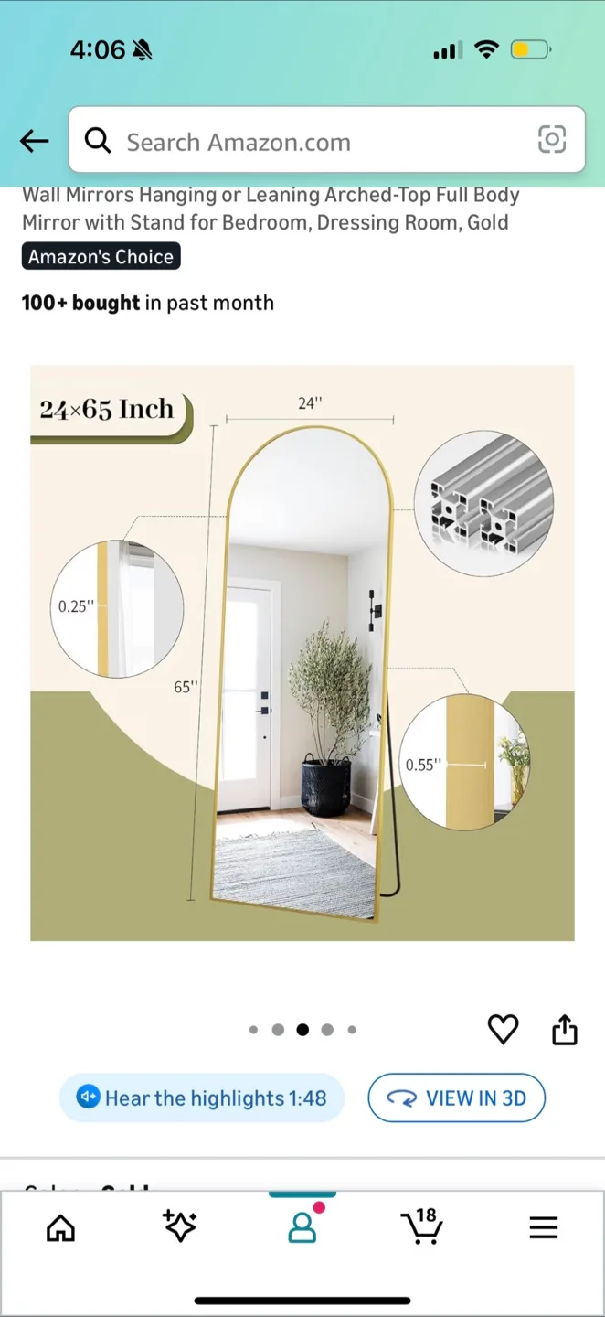 Arched-Top Full Body Mirror, Gold, 24x65 Inch image indicator(2)