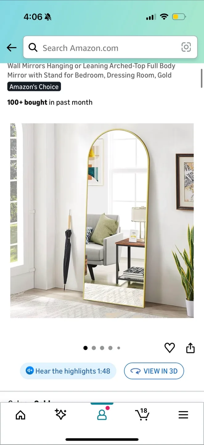 Arched-Top Full Body Mirror, Gold, 24x65 Inch image indicator(3)