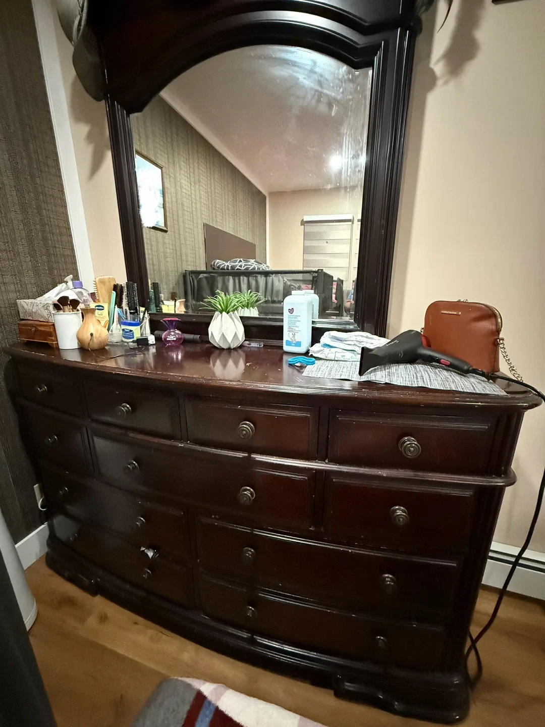 Dark Wood Dresser with Mirror image indicator(8)