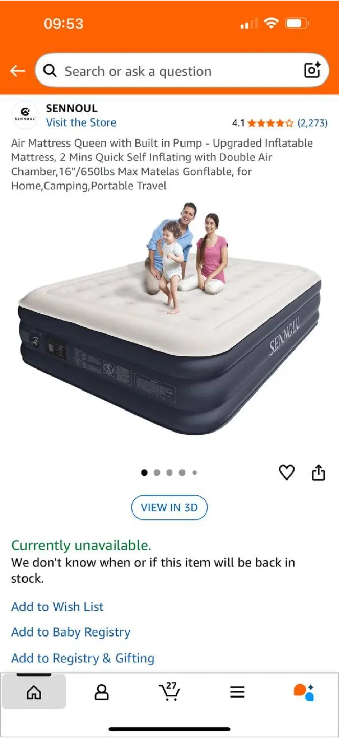 SENNOUL Queen Air Mattress w/ Built-In Pump – Open Box – $60