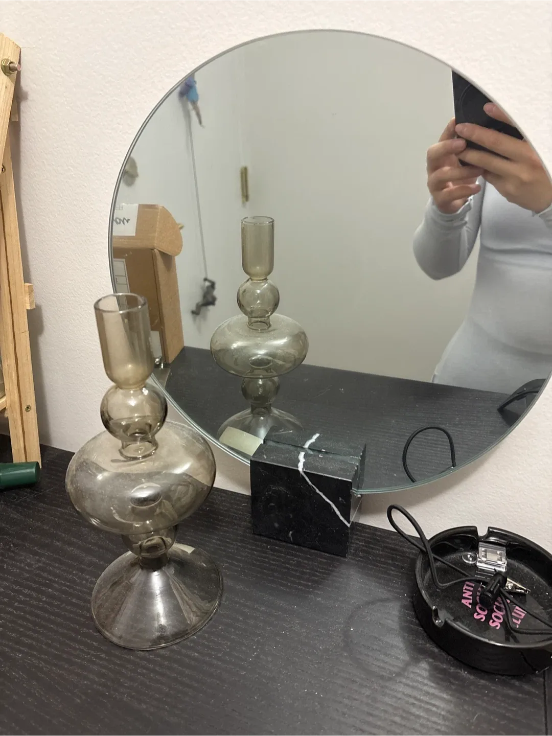 Smoked Glass Candlestick Holder and stone mirror