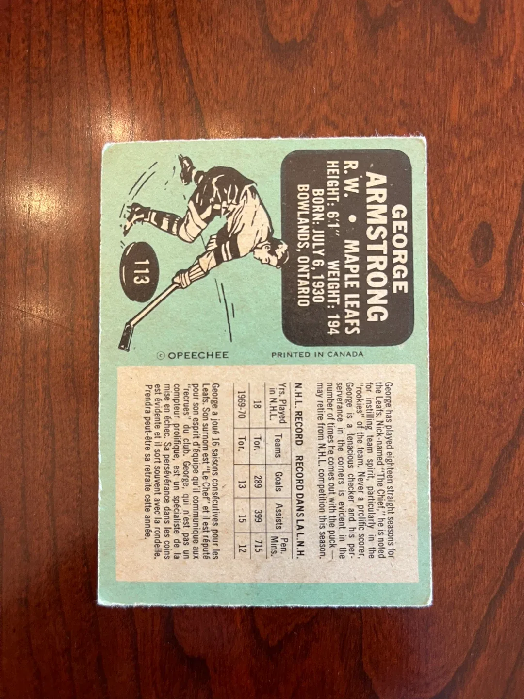 1970-71 OPC O PEE CHEE Hockey #113 GEORGE ARMSTRONG image indicator(2)