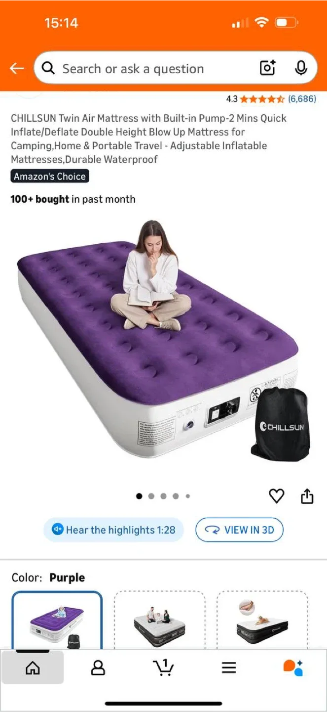 CHILLSUN Queen Air Mattress – Purple – Built-In Pump �– Open Box