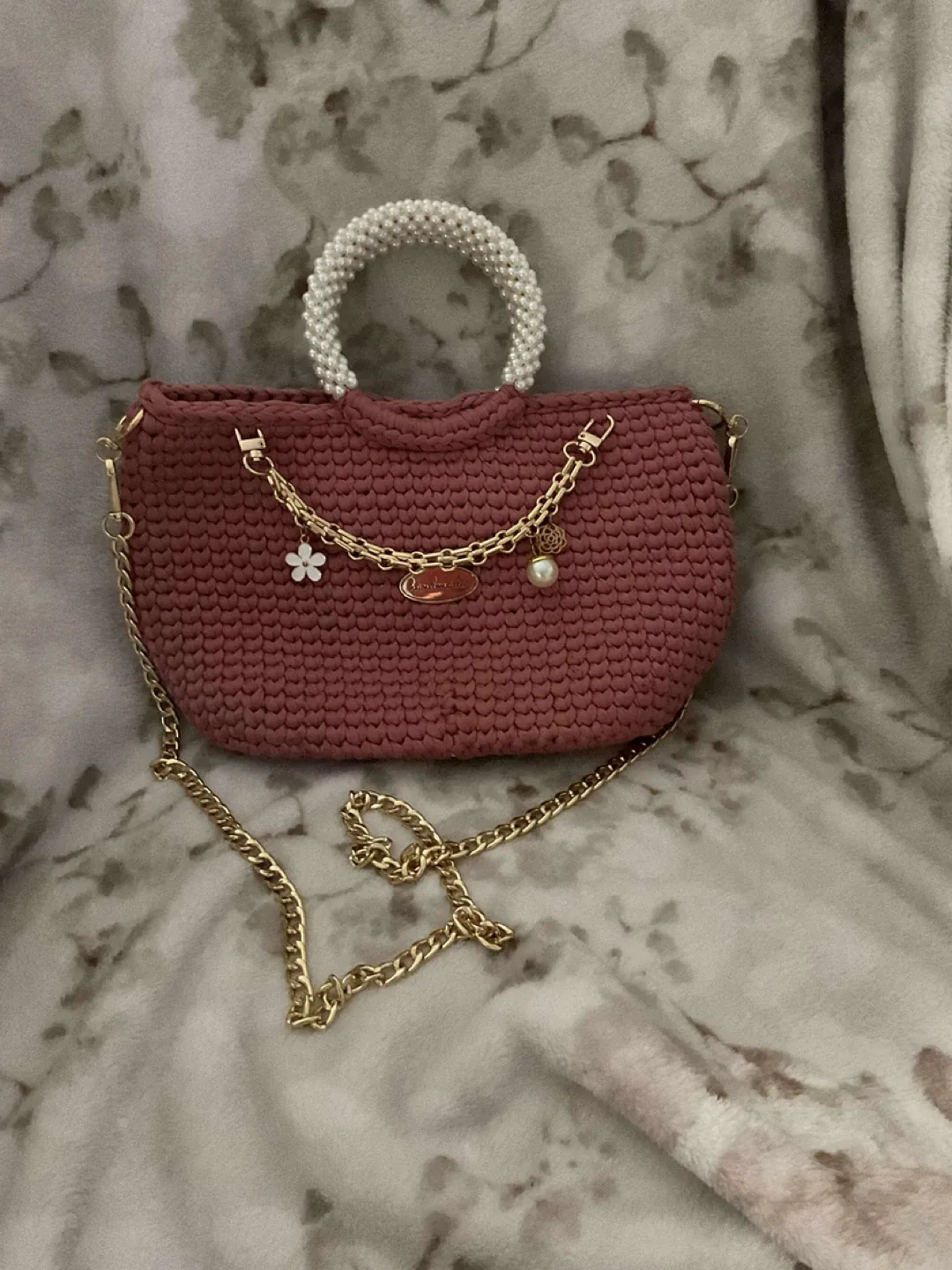 Handmade Crochet Bag - Pearl Handle, Rose Color