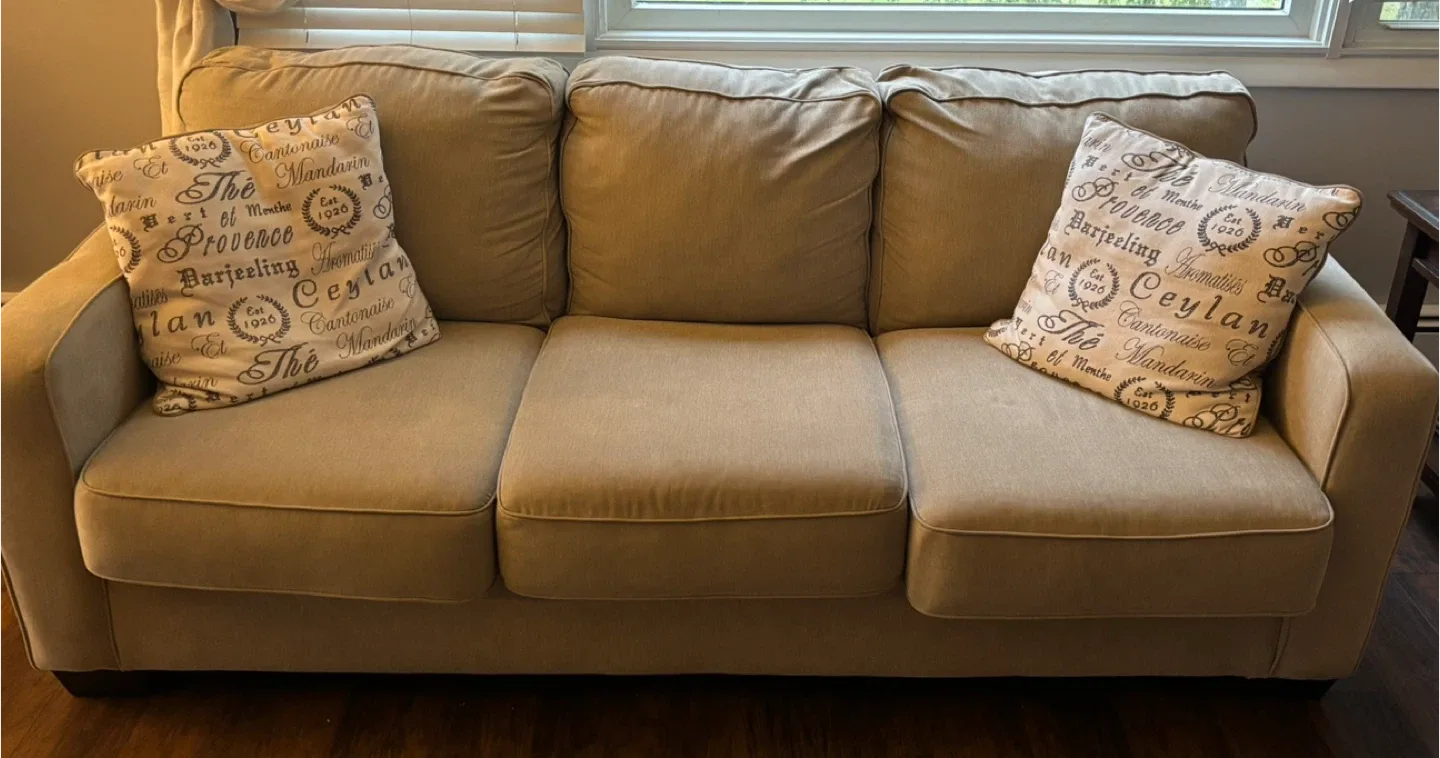 Used Beige Sofa, loveseat, espresso coffee table and 1 end table