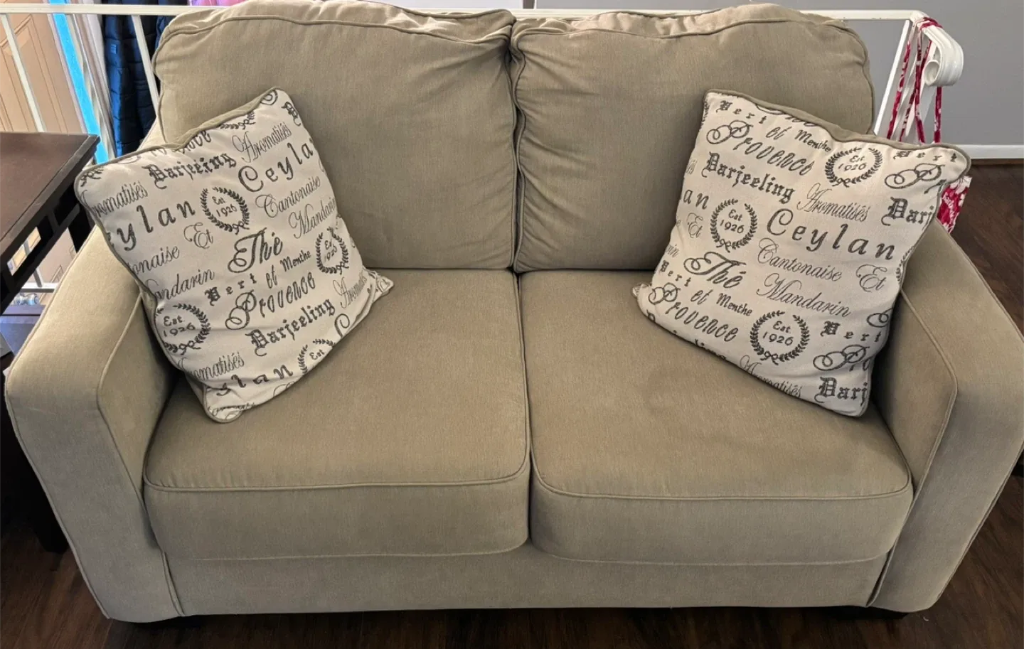 Used Beige Sofa, loveseat, espresso coffee table and 1 end table image indicator(2)