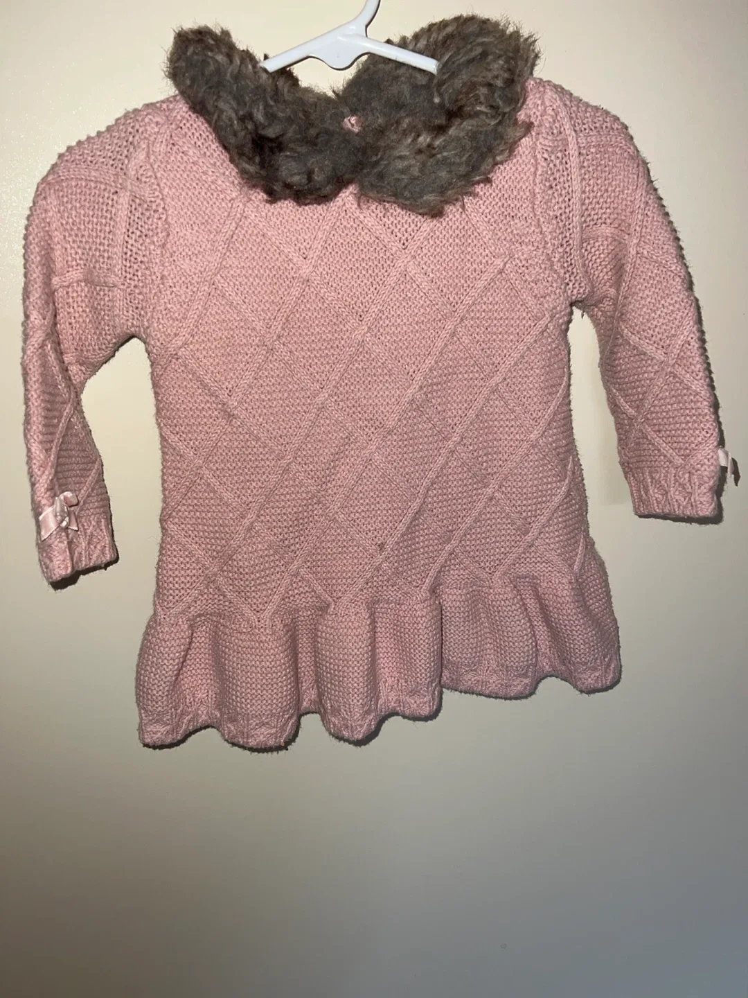 Pink Knit Sweater Dress with Fur Collar