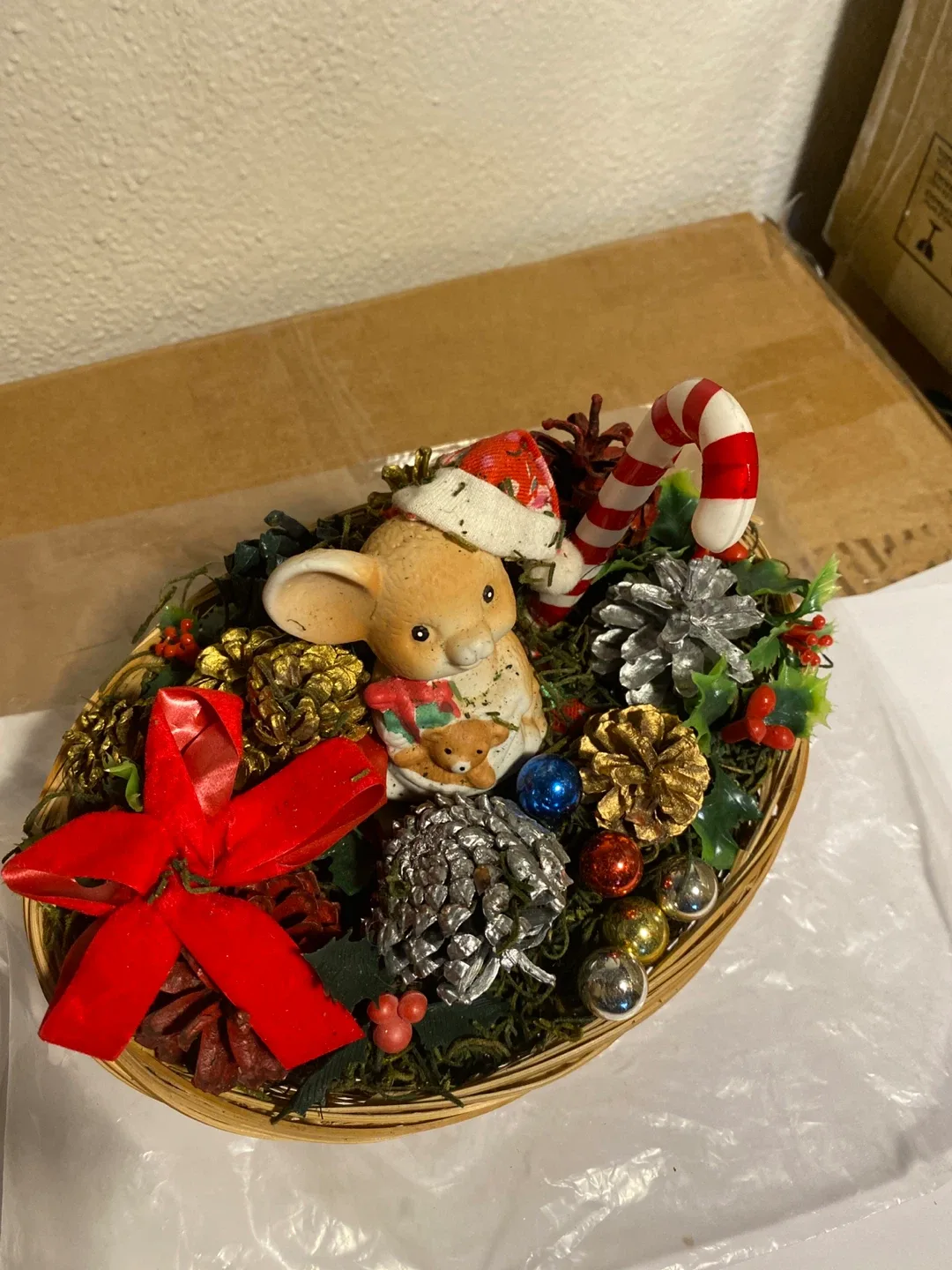 Christmas Mouse Figurine in Basket