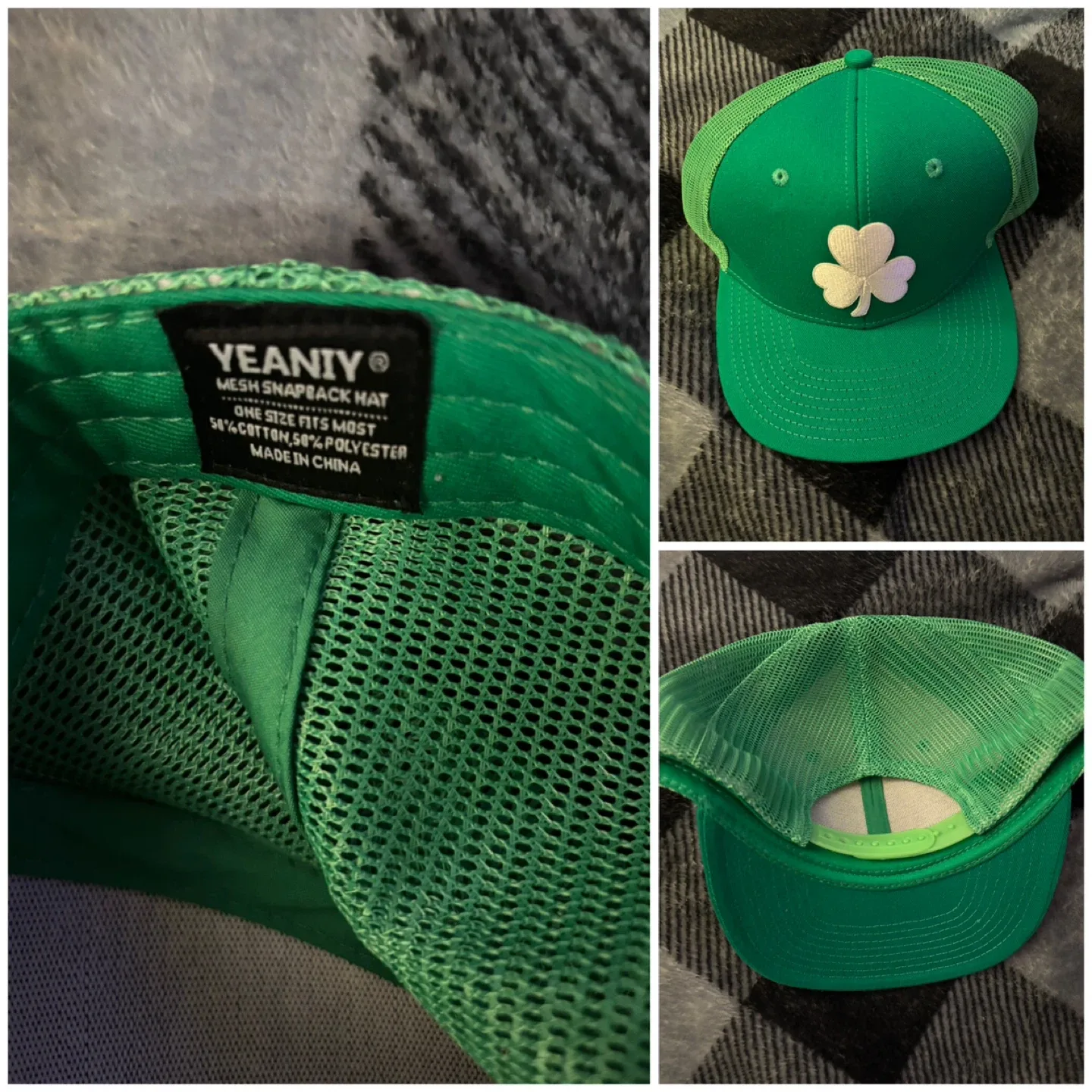 (YEANIY) Mesh Clover Leaf Snapback Hat - Green/One Size